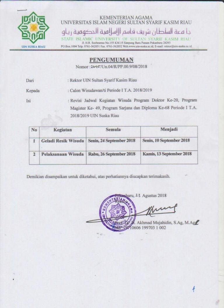 Revisi Jadwal Kegiatan Wisuda September UIN SUSKA Riau